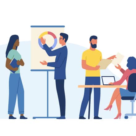 Four cartoon people discussing different types of business degree