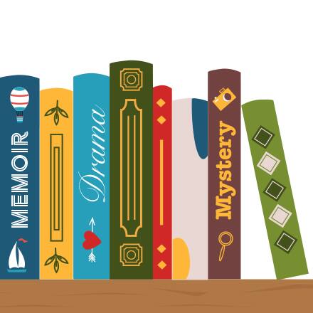 A shelf with 8 books from different types of genres.