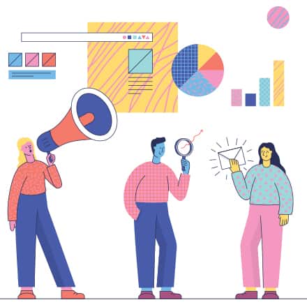 A colorful and stylized illustration related to marketing concepts. It features a variety of characters engaged in different activities typically associated with the types of marketing.