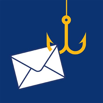 A white envelope email icon caught on a yellow fish hook represents types of phishing
