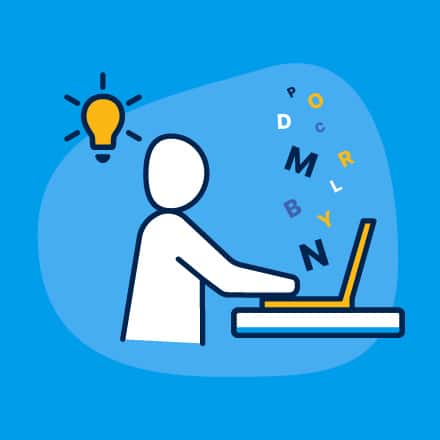 An illustration of a creative writer with a lightbulb above them, typing on a laptop with letters floating above the keyboard.