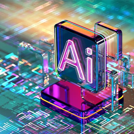 A colorful block that says AI hovering above a computer board