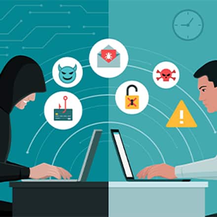 A two-panel illustration depicting a cybercriminal attempting to access sensitive information and an average internet user typing on a laptop.