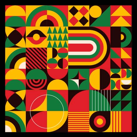Several gold, green and red icons and graphic shapes representing Juneteenth.