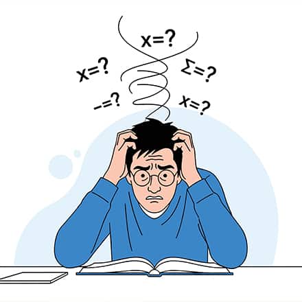 An illustrated man looking distressed with a flurry of equations above his head, representing math anxiety.