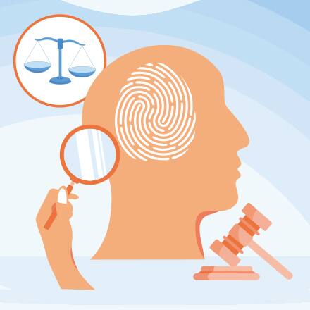 A fingerprint inside a silhouette of a human head surrounded by a gavel, a magnifying glass and the scales of justice to represent forensic psychology.