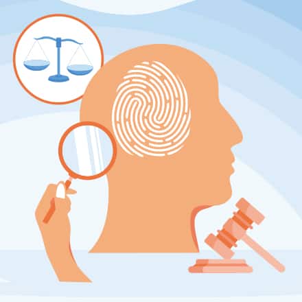 A fingerprint inside a silhouette of a human head surrounded by a gavel, a magnifying glass and the scales of justice to represent forensic psychology.
