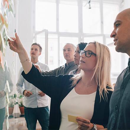 A group of people working on a white board