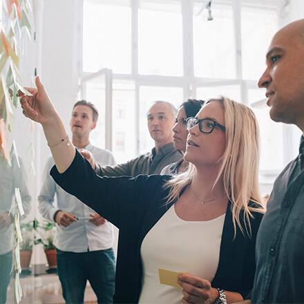 A group of people working on a white board.