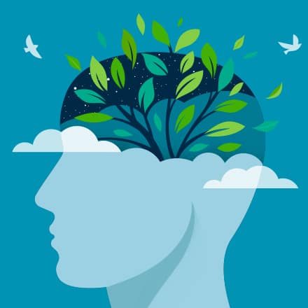 A design of a green tree blossoming inside a head with birds flying to demonstrate the importance of mental health awareness.