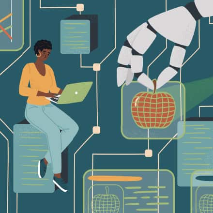 An illustration of two women in IT, one using a laptop and the other a tablet, surrounded by a motherboard and two robot hands.