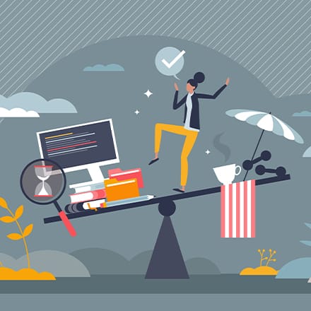 A cartoon person standing on a balance beam trying to find the balance between their work and their personal life.