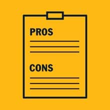 A clipboard icon with a "Pros and Cons" list with the text Pros, Cons