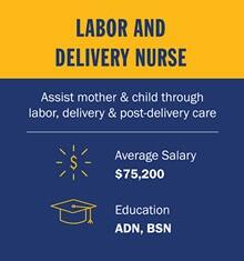 Infographic piece from top to bottom. A yellow box with the text Labor and Delivery Nurse. A blue section with the text Assist mother & child through labor, delivery & post-delivery care. Below a white divider line, a circle salary icon with the text Average Salary $75,200. A mortarboard icon with the text ADN, BSN