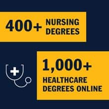 A blue infographic piece with a stethescope icon and two yellow boxes with the text 400+ nursing degrees, 1,000+ healthcare degrees online