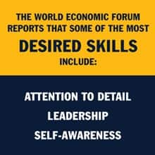 An infographic piece with the text The World Economic Forum reports that some of the most desired skills include: attention to detail, leadership, self-awareness