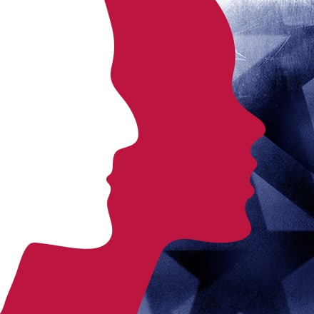 A graphic with two silhouette profiles in white and red with blue stars to the right of them