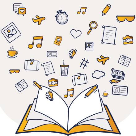 Illustration of an open book surrounded by icons of travel, art, music, and hobbies.