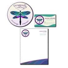 The graphic design & illustration winning submission, 'Dragonfly Coaching.' A circular logo with a colorful dragonfly and the text 'Dragonfly Coaching,' 'encourage' and 'empower.' The logo is applied to a business card and a letterhead.