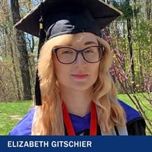 Elizabeth Gitschier wearing a cap and gown with the text Elizabeth Gitschier