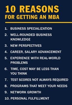 A blue infograhpic piece with the text 10 Reasons for Getting an MBA 1. Business Specialization 2. Well-Rounded Business Knowledge 3. New Perspectives  4. Career, Salary Advancement  5. Experience with Real-World Problems 6. Time, Cost May Be Less Than You Think  7. Test Scores Not Always Required 8. Programs that Meet Your Needs  9. Network Growth 10. Personal Fulfillment 