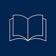 A graphic with a blue background and white book icon