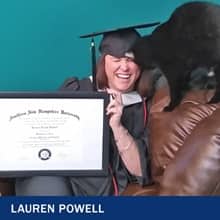 Lauren Powell, with her cat, holding her SNHU degree and the text 'Lauren Powell' 
