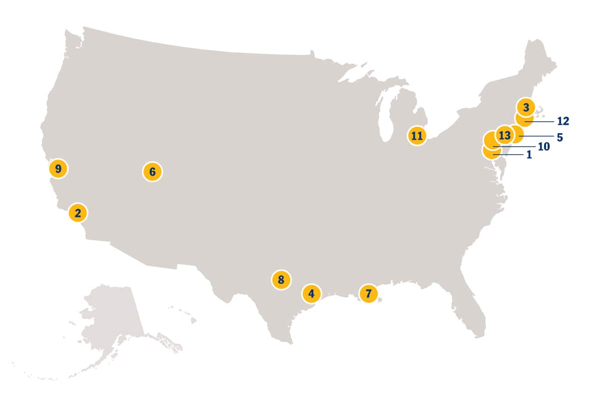 A map of the United States with pins labeled with numbers 1-16 representing the locations of SNHU's community partners