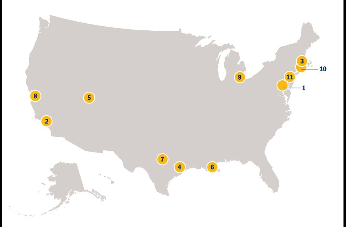 A map of the United States with pins labeled with numbers 1-15 representing the locations of SNHU's community partners