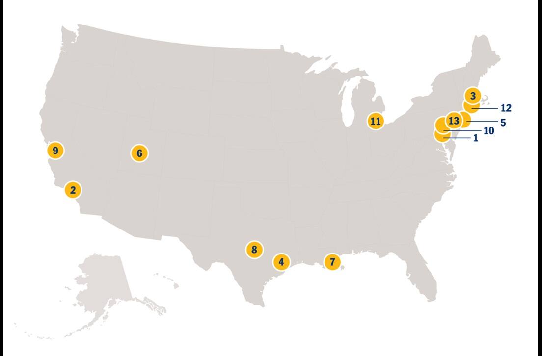 A map of the United States with pins labeled with numbers 1-15 representing the locations of SNHU's community partners