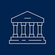 An icon of a white-outlined institution with four pillars set on a blue background
