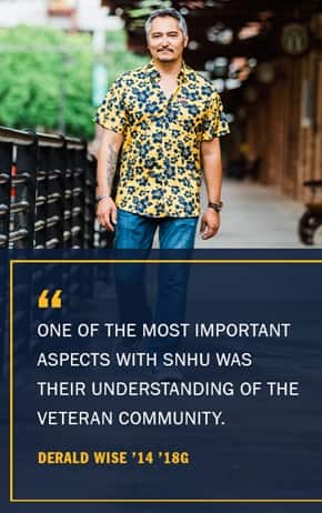 Derald Wise with the quote One of the most important aspects with SNHU was their understanding of the veteran community Derald Wise '14 '18G