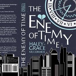The book jacket for "The Enemy of Time" by Haley-Grace McCormick, with an illustrated cityscape at night and a Roman numeral clock.