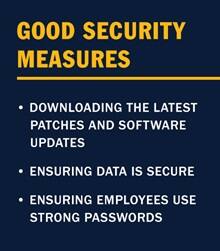 An infographic with the text good security measures are downloading the latest patches and software updates, ensuring data is secure, ensuring employees use strong passwords