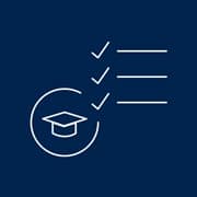 An icon of three checkmark list items leading to a graduation cap.