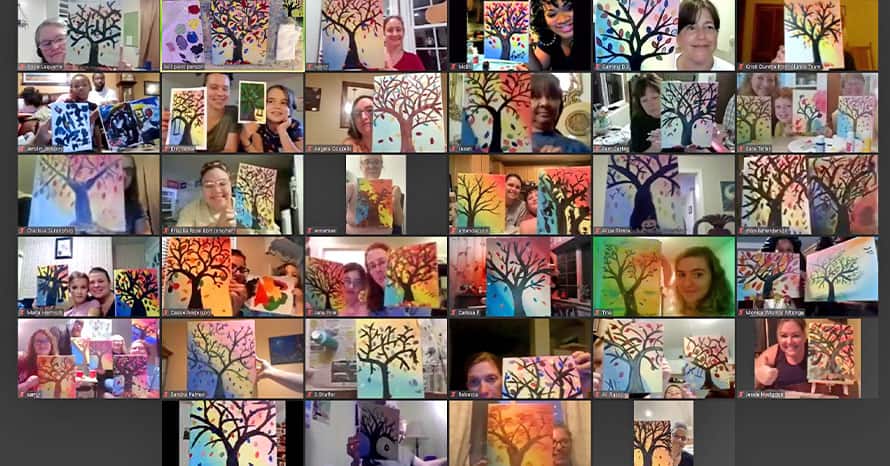 A collage of paintings and SNHU community members from the virtual BYOP Paint Night.