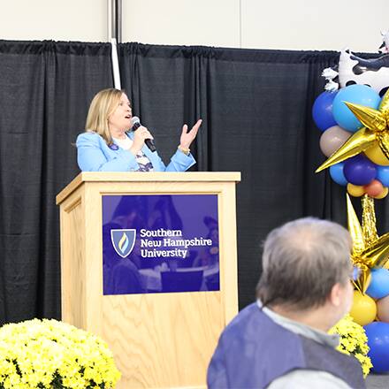 President Lisa Marsh Ryerson addressing attendees at Homecoming brunch.