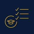 An icon of three checklist items and a graduation cap with a circle around it.