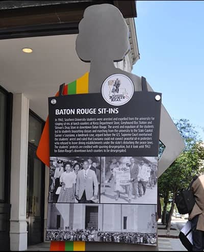 A Louisiana Civil Rights Trail marker commemorating the impact of the Baton Rouge sit-ins.