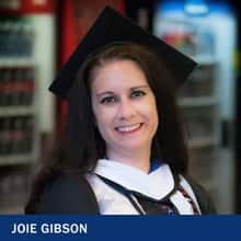 Joie Gibson wearing a graduation cap and gown with the text Joie Gibson