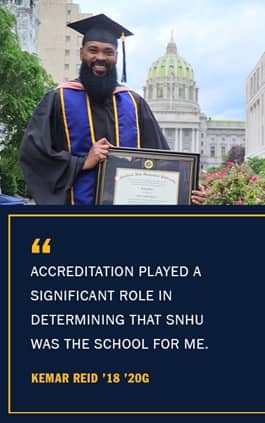 Kemar Reid with the quote Accreditation played a significant role in determining that SNHU was the school for me -Kemar Reid '18 '20G