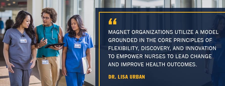 Three nurses walking through a hospital together with the text “Magnet organizations utilize a model grounded in the core principles of flexibility, discovery, and innovation to empower nurses to lead change and improve health outcomes.” Dr. Lisa Urban