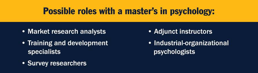 An infographic piece with the text Possible roles with a master's in psychology: Market research analysts, training and development specialists, survey researchers, adjunct instructors, industrial-organizational psychologists