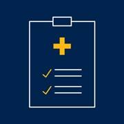 A medical clipboard graphic with a yellow cross and a blue background 