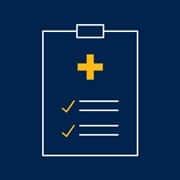 A medical clipboard graphic with a yellow cross and a blue background 