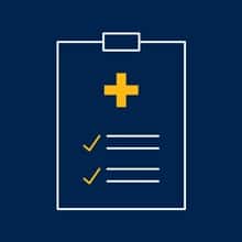 A medical clipboard graphic with a yellow cross and a blue background 