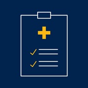 A medical clipboard graphic with a yellow cross and a blue background .
