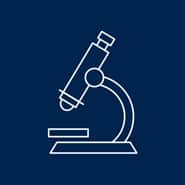 A graphic with a blue background and a white microscope icon 