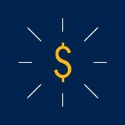 A yellow money symbol on a blue background 