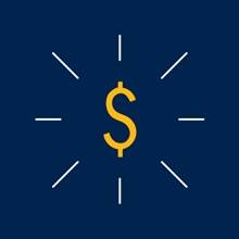 A yellow money symbol on a blue background 